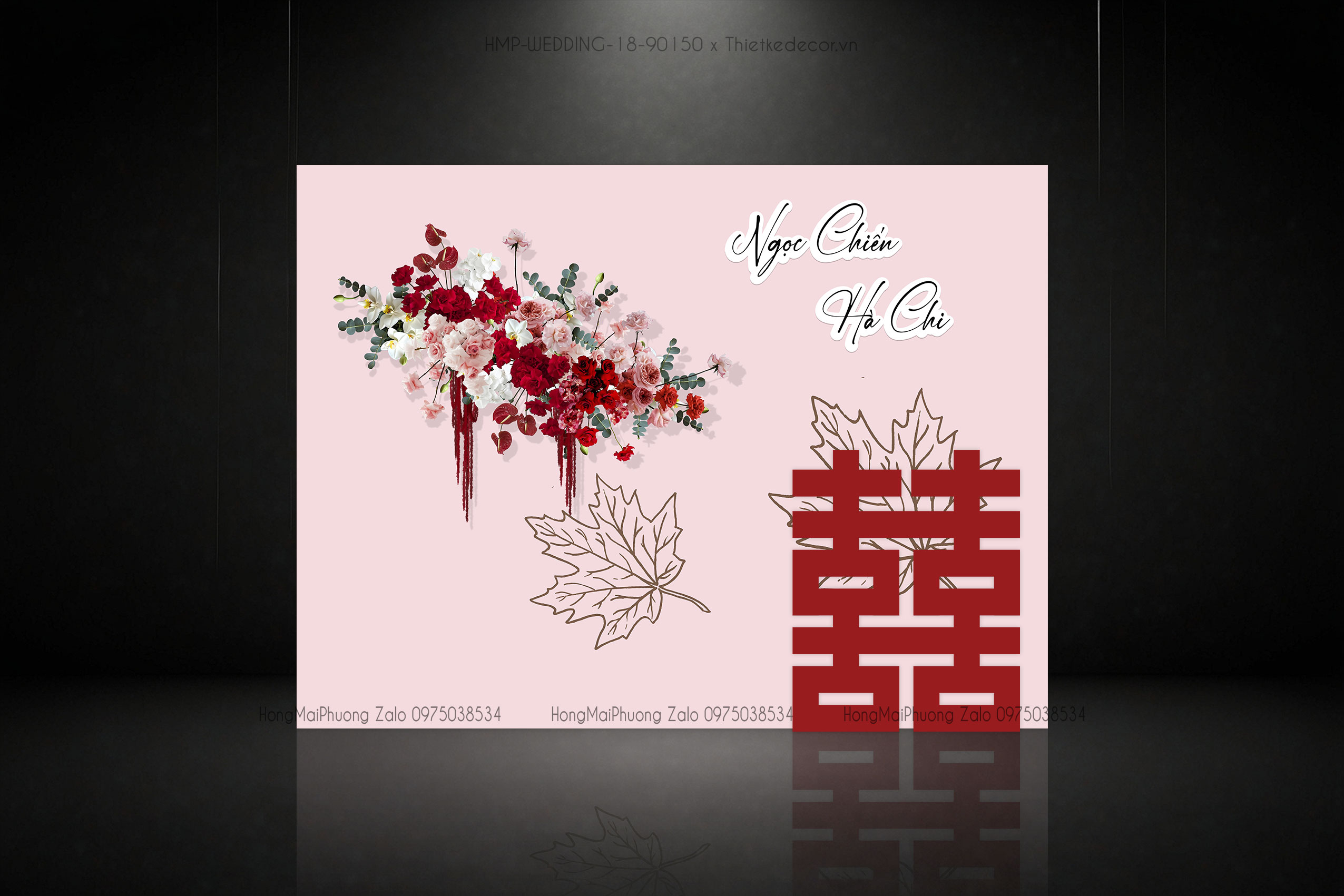 Backdrop check in cưới tone màu hồng ruốc nền lá kèm chữ Hỷ